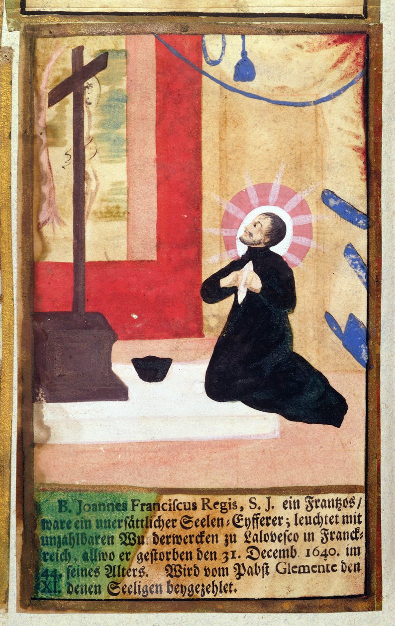 Le Père Jésuite Jean François Régis (1597-1640) agenouillé devant un crucifix, du Martyrologe des Jésuites, 1688 - German School