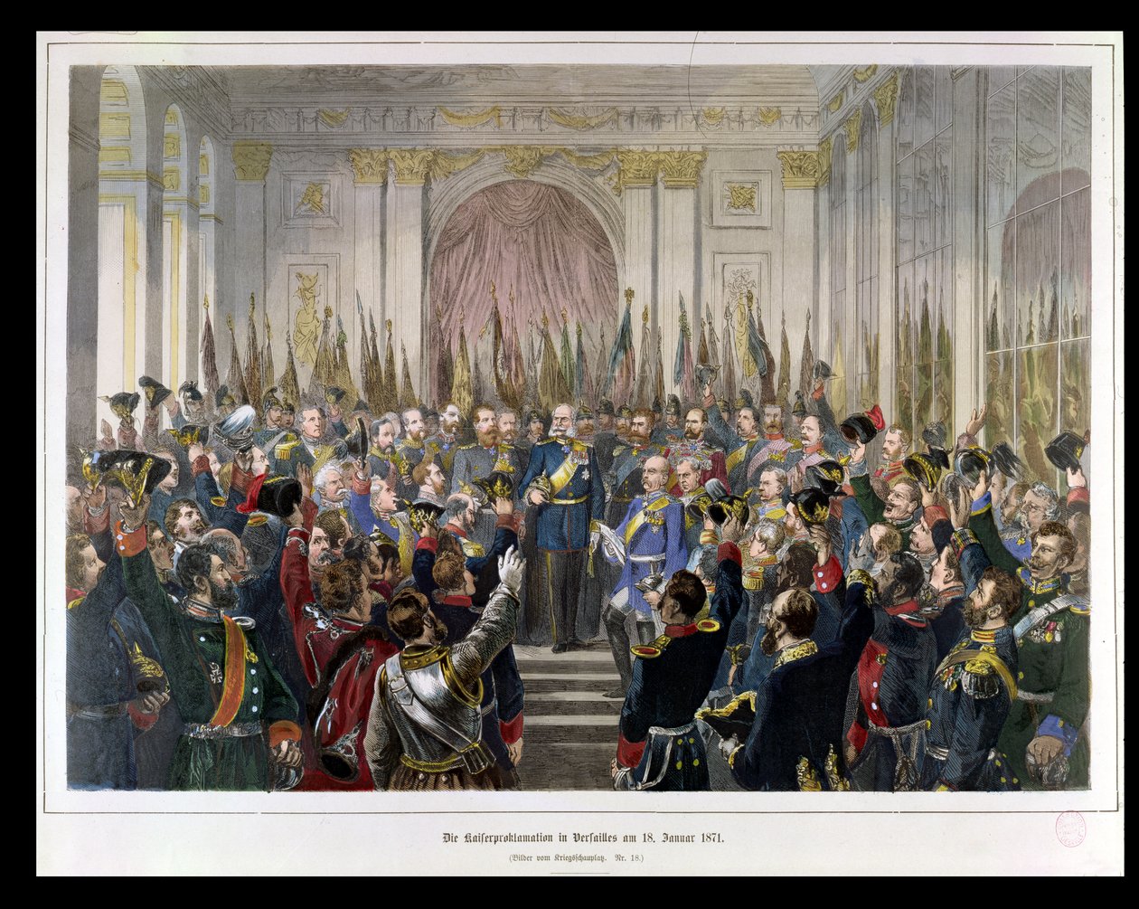 La Proclamation de Guillaume comme Kaiser du nouvel Empire allemand, dans la Galerie des Glaces à Versailles le 18 janvier 1871, 1871 (gravure en couleur) - German School