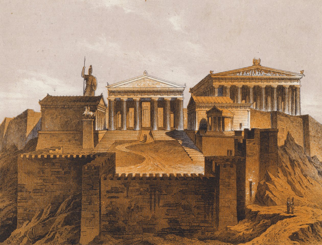 Les Propylées, Athènes antique, Grèce (lithographie couleur) - German School
