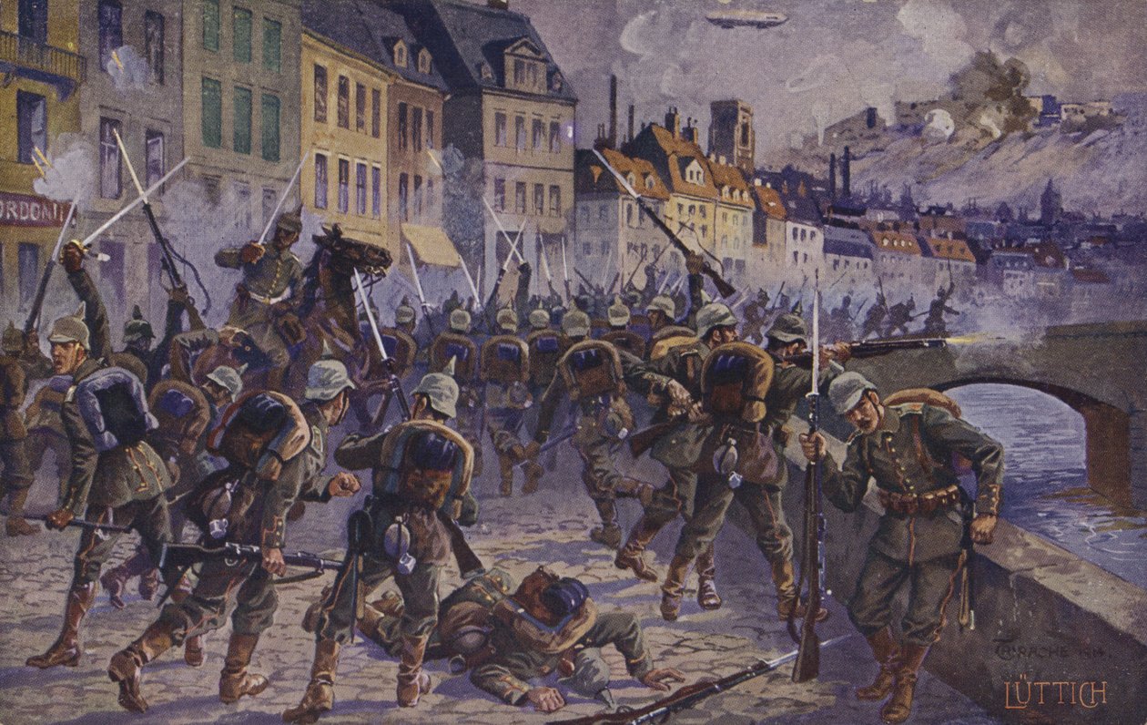 Prise de Liège, Belgique, Première Guerre mondiale, 7 août 1914 (lithographie couleur) - German School