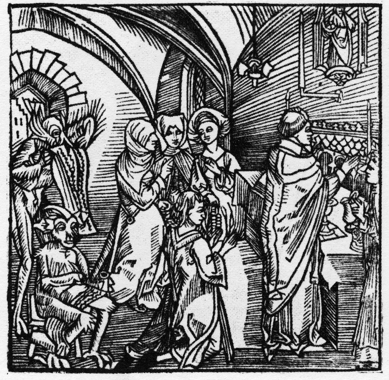 Les diables transcrivent les bavardages des marchands pendant la messe - dans "Der Ritter von Turn" par le Chevalier Marquard vom Stein 1498 - German School