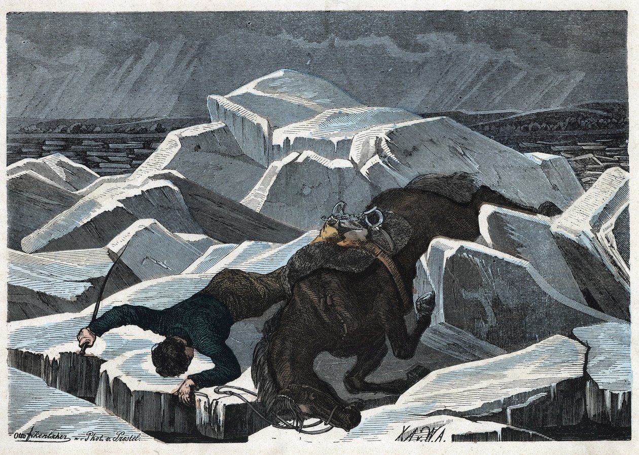 La chute du comte Sandor et de son cheval sur la glace brisée du Danube. Dans « Wenn Jemand eine Reise thut, so kann er was erzählen » (Quand quelqu
