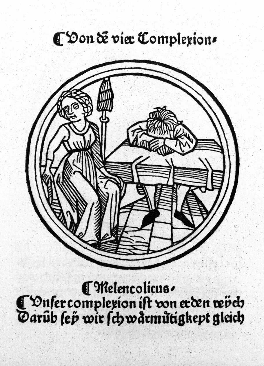 Les quatre tempéraments : mélancolique (triste et déprimé). Xylographie, Augsbourg 1480. - German School