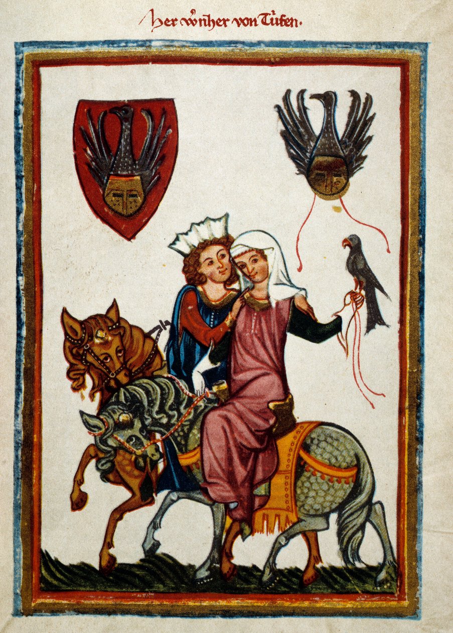 Les plaisirs de la chasse : le roi Conradin de Hohenstaufen, roi de Sicile et de Jérusalem sous le nom de Conrad II, duc de Souabe sous le nom de Conrad III et roi des Romains sous le nom de Conrad V (1252-1268) chassant au faucon - German School