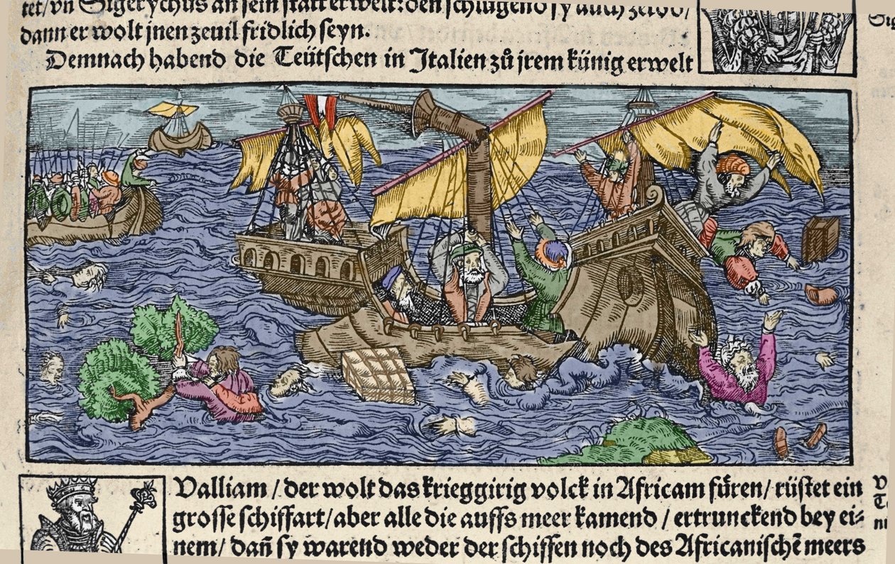 Le naufrage. Gravure de « Den Edlen Strenghen Besten Fromen » par Johann Stumpff. Début du XVIe siècle. - German School