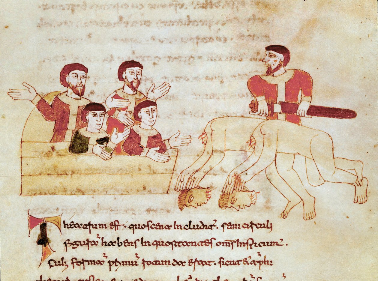 Scène de théâtre, le public à gauche applaudit la performance des acteurs. Miniature tirée du manuscrit « De Universo » (ou De rerum naturis (De la nature des choses)) (cod. 132) par Rabanus Maurus Magnentius (ca. 780-856) - German School