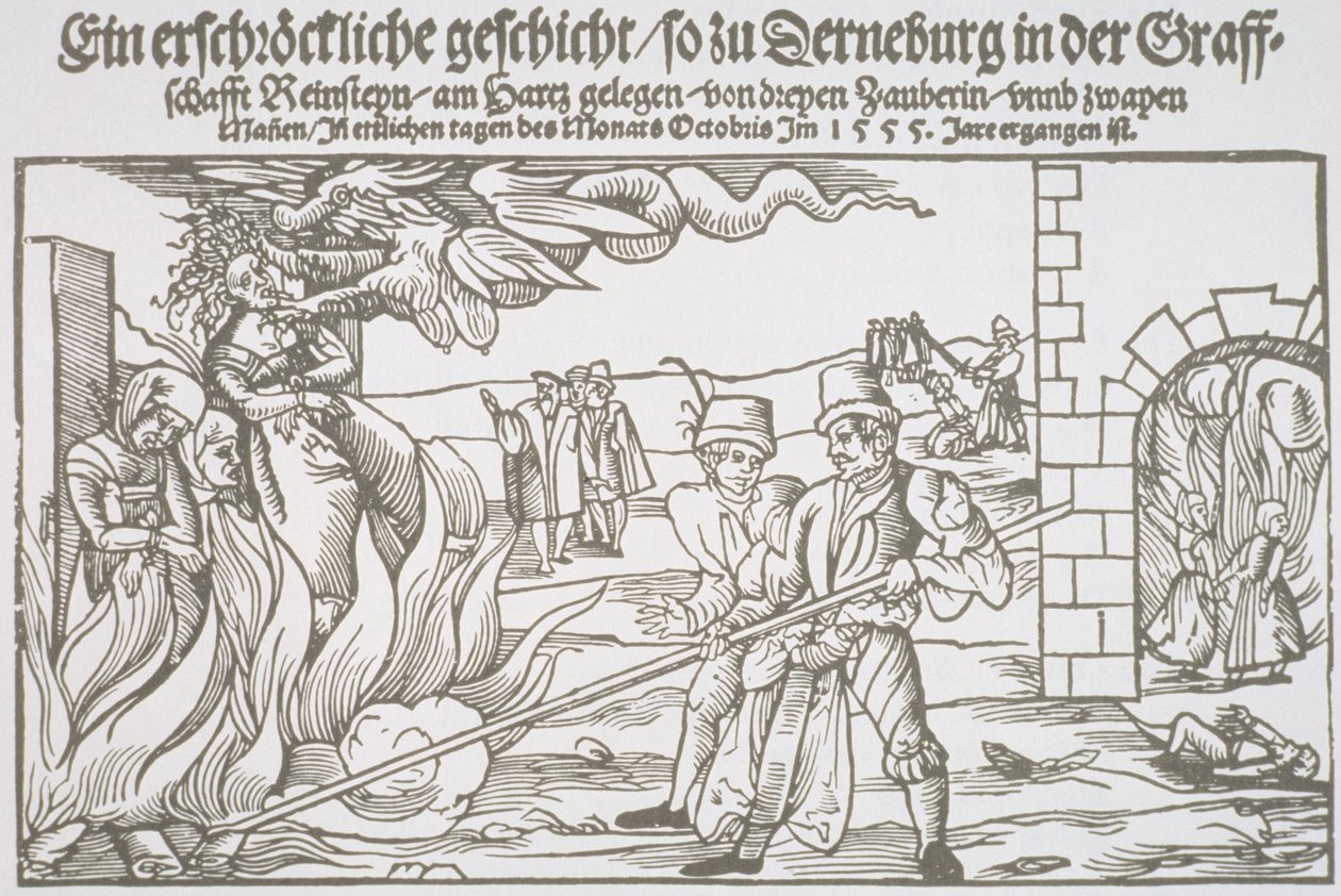 Trois sorcières brûlées vives, illustration de pamphlet - German School