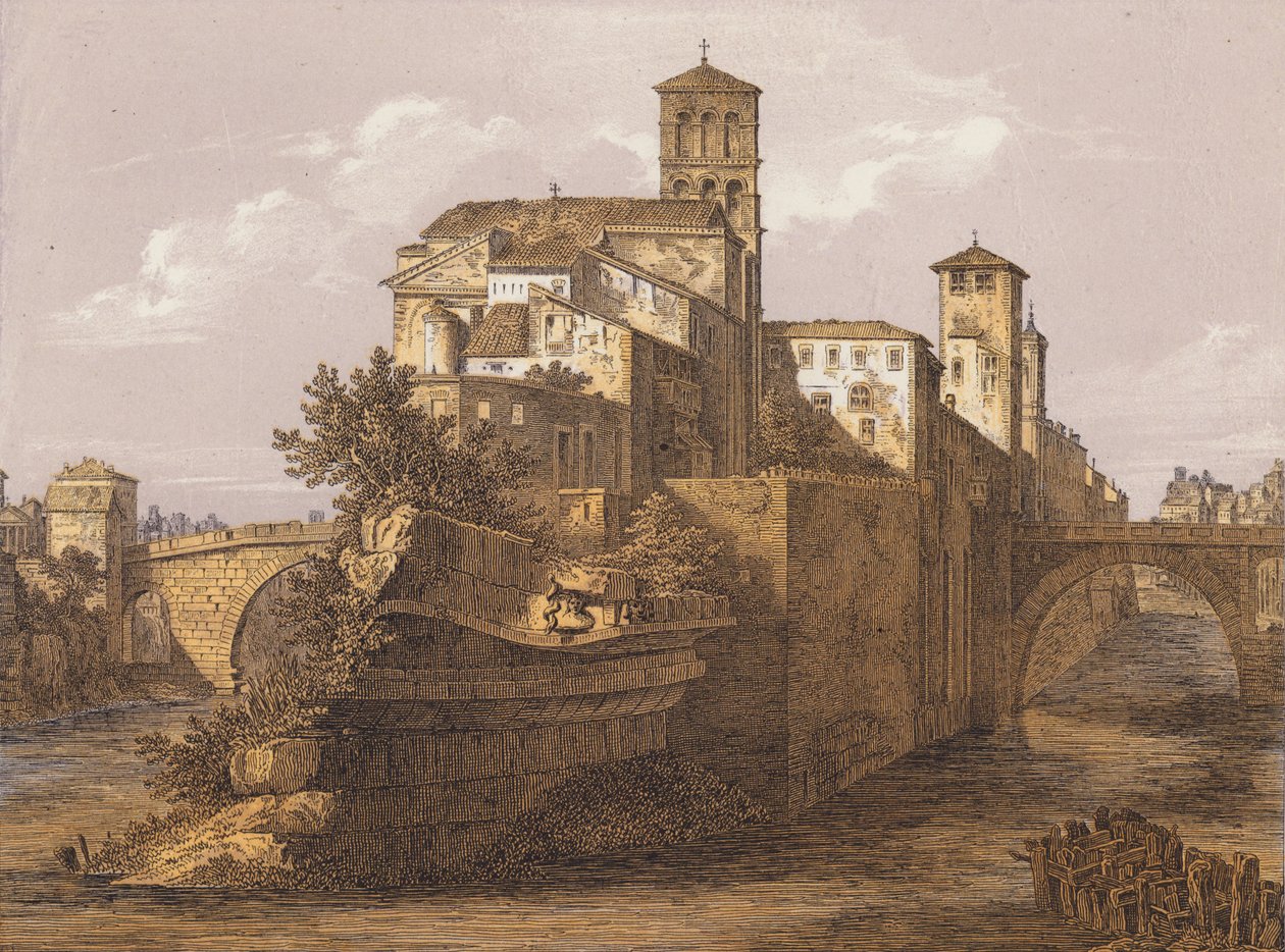 Île du Tibre, Rome, Italie (lithographie couleur) - German School