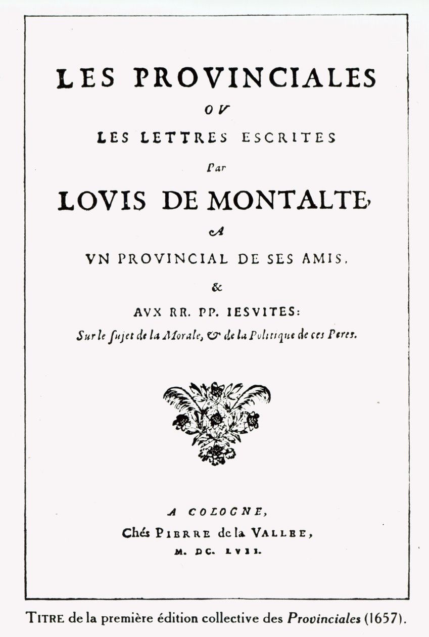Page de titre des Provinciales de Blaise Pascal (1623-62), Amsterdam, 1657 (encre sur papier) - German School