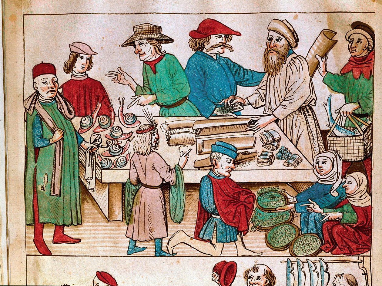 Commerce : scène de marche. Miniature des Chroniques du Concile de Constance par Ulrich Richental (1360-1437) 1438 environ Prague, bibliothèque nationale - German School