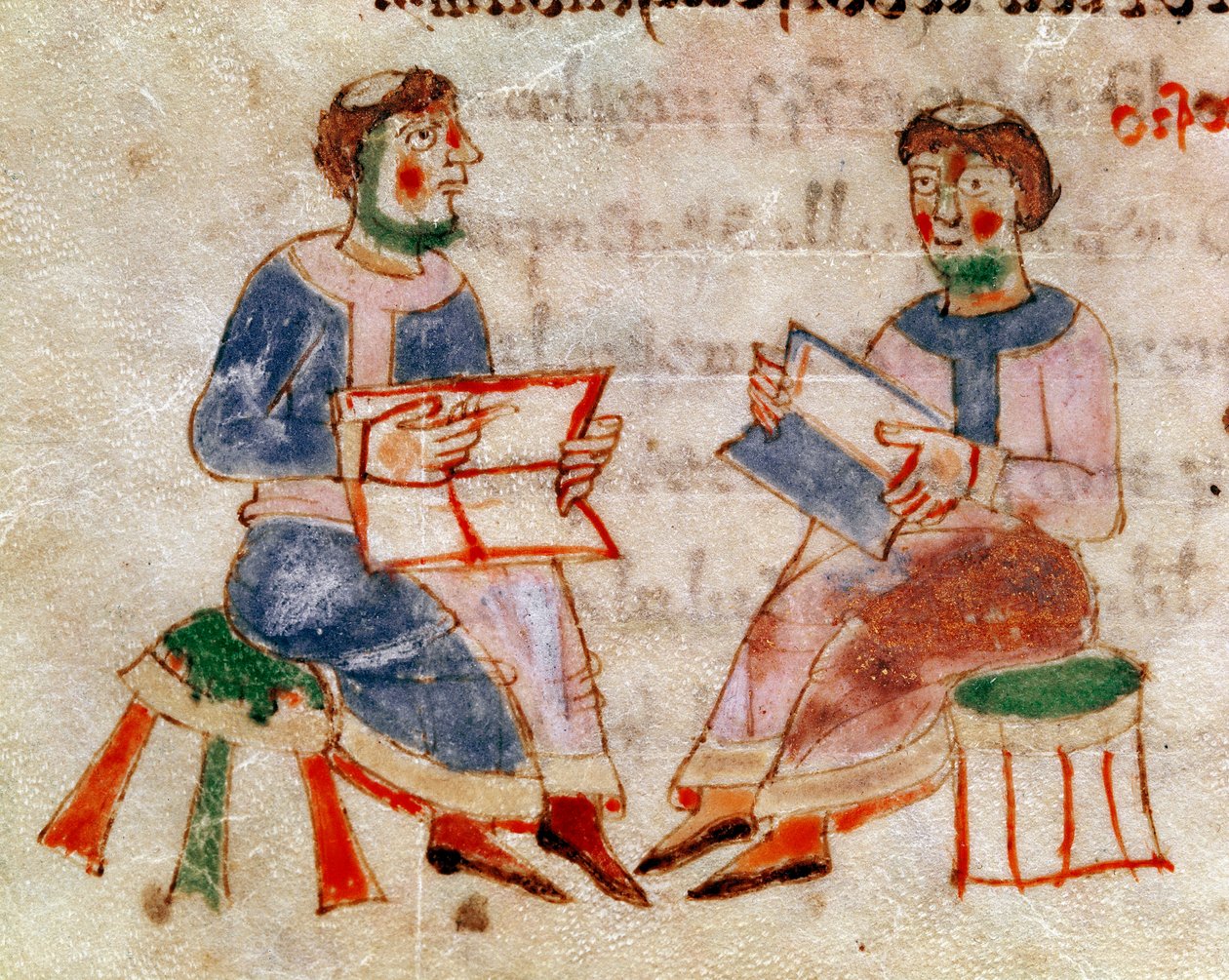 Deux moines discutant ou scène de cours miniature tirée du volume "de Gymnasium" dans "De Universo" (ou De rerum naturis) par Raban Maur - German School