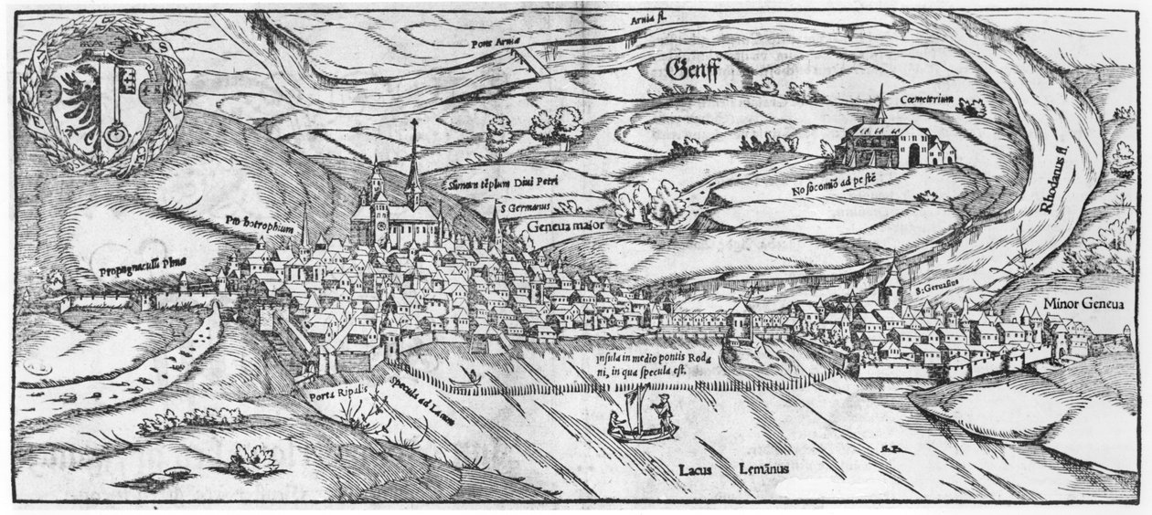 Vue de Genève, de Cosmographie Universelle par Sébastien Munster (1488-1552) Bâle, publié en 1559 - German School