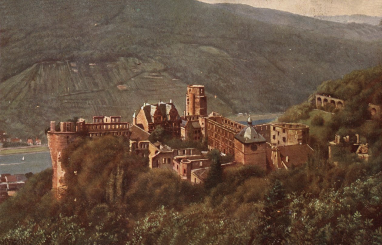 Vue du château de Heidelberg depuis la Molkenkur (lithographie couleur) - German School