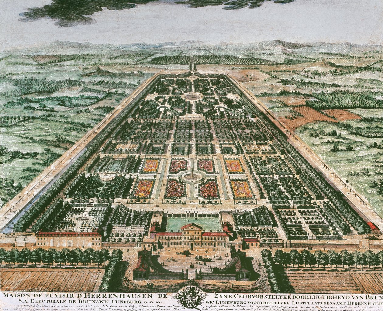 Vue du jardin du château de Herrenhausen, vers 1708, impression en couleur, Allemagne - German School