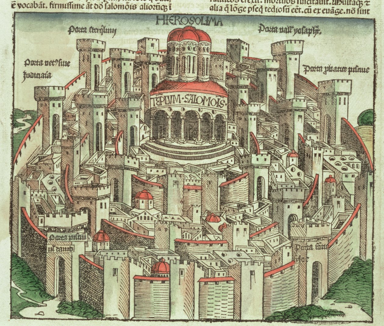Vue de la ville fortifiée de Jérusalem montrant le Temple de Salomon et les portes de la ville, tiré de la Chronique de Nuremberg par Hartmann Schedel, 1493 - German School