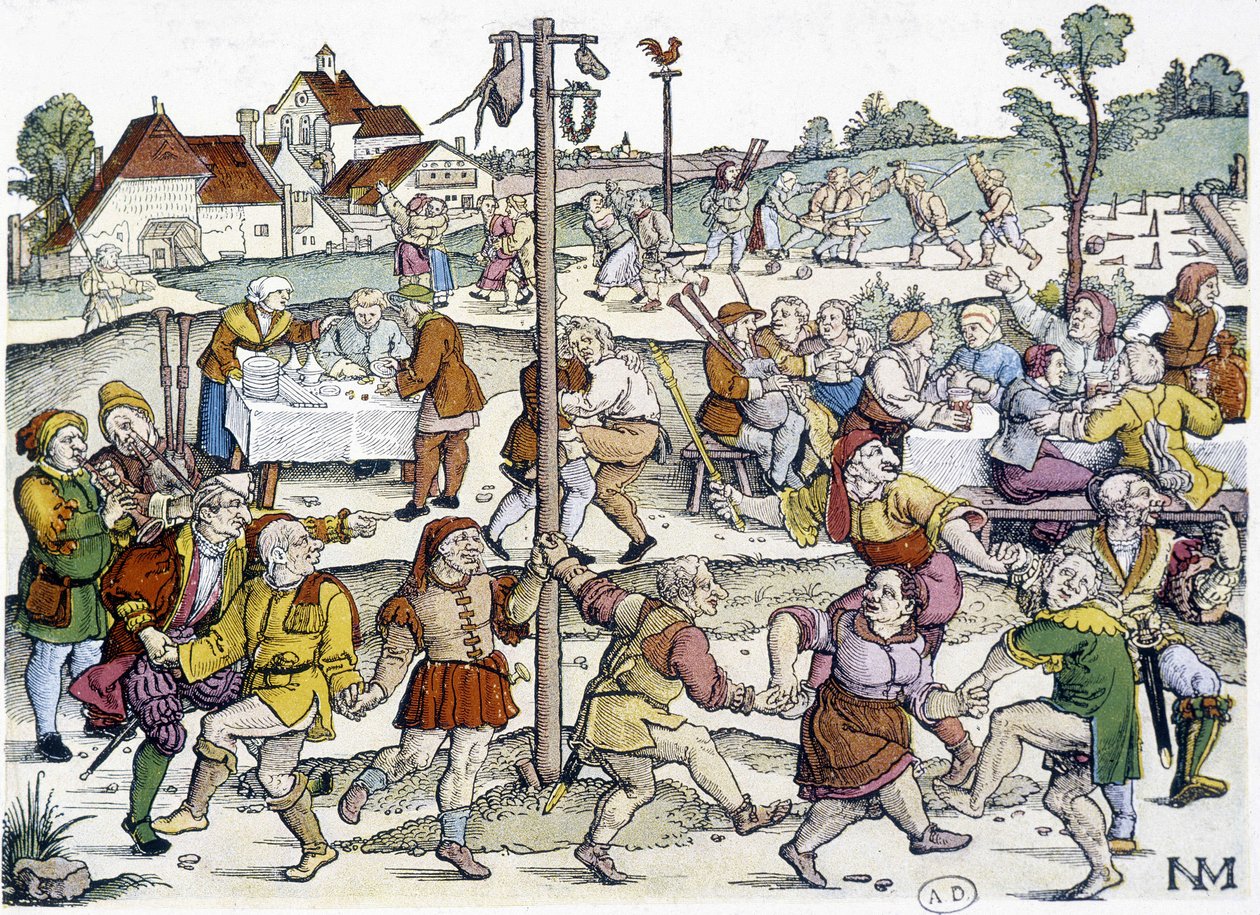 Danse villageoise autour de la matte de cocagne - imagerie allemande du XVIe siècle de Nikolaus Meldemann - German School