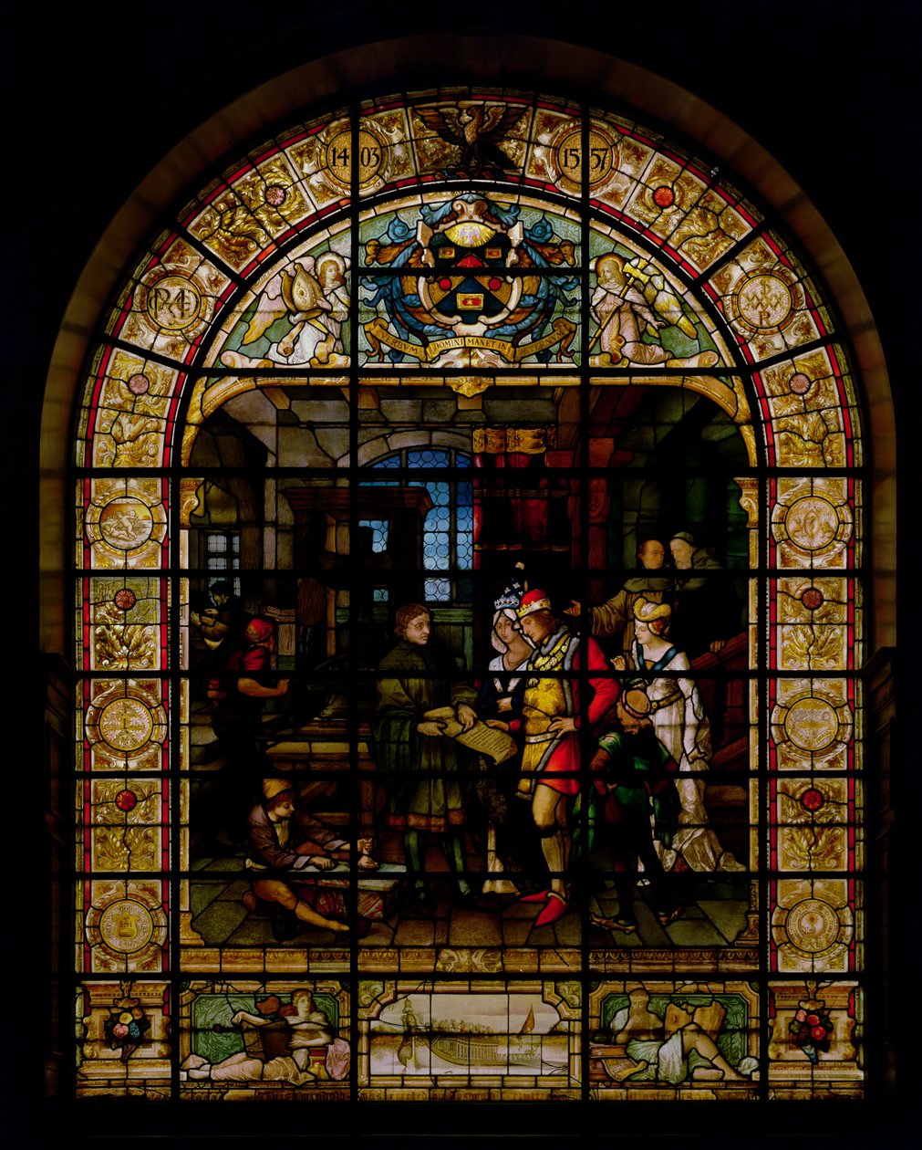 William Caxton montrant son premier livre imprimé à Édouard IV et à sa femme, Elizabeth Woodville en 1477, par Mayer et Co., firme de Munich active à Londres, vers 1880 - German School