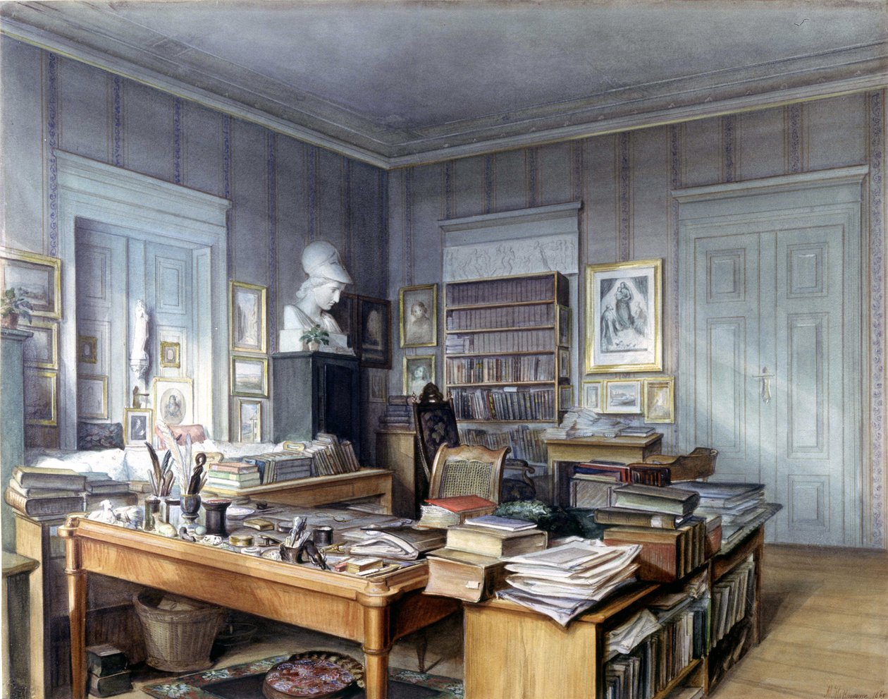 Atelier de Wilhelm Grimm (1786 -1859) à Berlin, 7 Linkstrasse. Gravure par M. Hoffmann. Nationalmuseum, Nuremberg. 1860 - German School