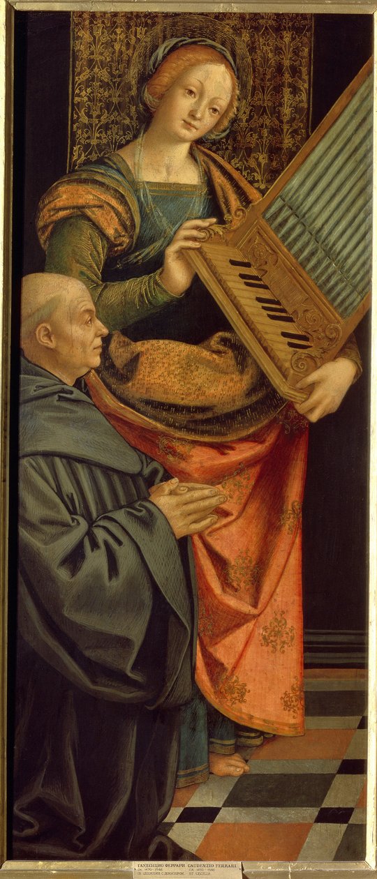 Sainte Cécile de Rome (3e siècle). Portant un orgue, avec un moine agenouillé en prière à ses pieds. - Gerolamo Giovenone