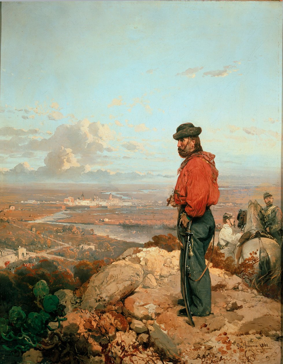 Unité italienne : "Portrait de Giuseppe Garibaldi (1807-1882) devant Capua en 1860" Peinture de Gerolamo (Girolamo) Induno (1825-1890) 1861 Museo del Risorgimento, Milan - Gerolamo Induno