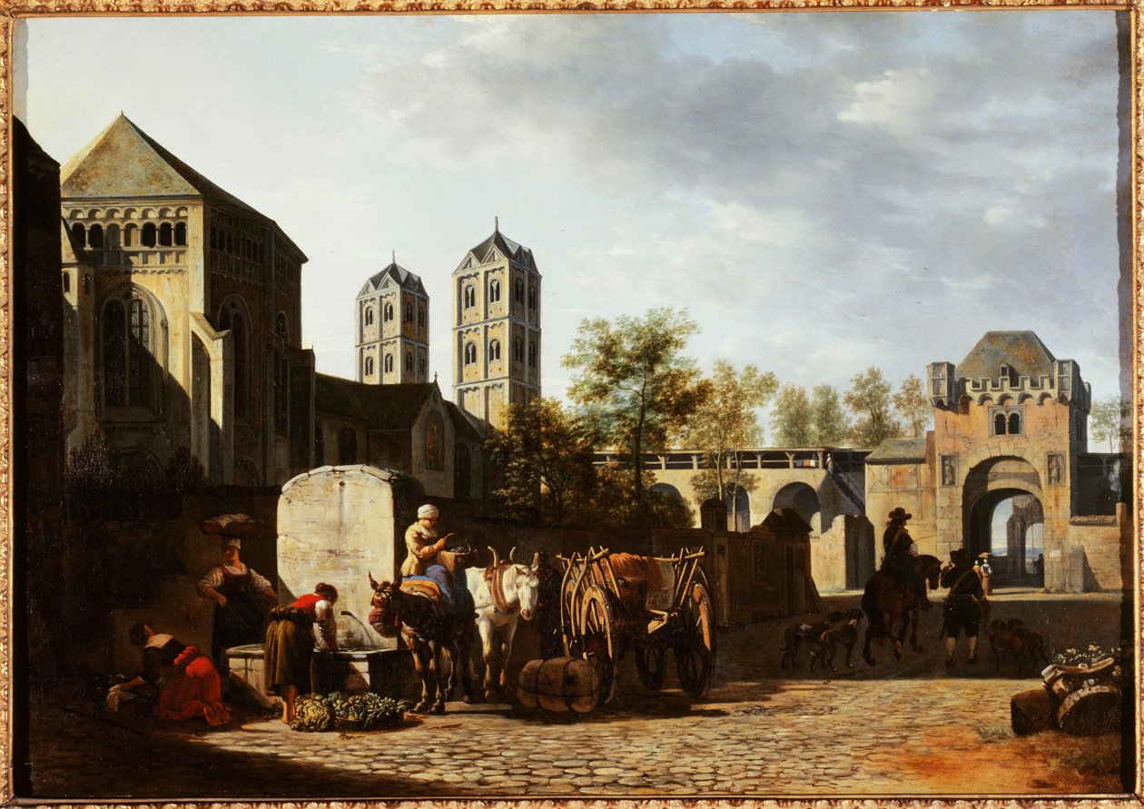 French: Fontaine publique et église Saint-Géréon à Cologne - Gerrit Adriaenszoon Berckheyde