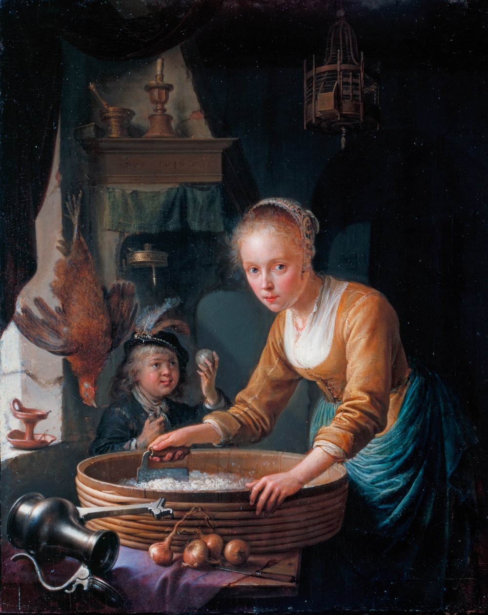 French: Jeune fille hachant des oignons Girl chopping Onions - Gerrit Dou