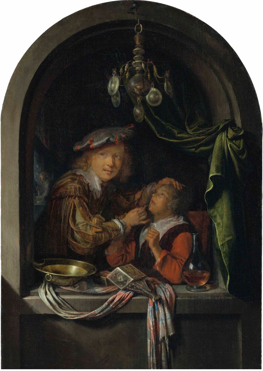 Allemand : Der Zahnarzt Un chirurgien-barbier examinant une jeune fille - Gerrit Dou