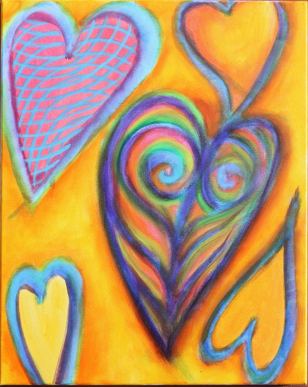 Cœurs sur fond jaune, 2023 (acrylique sur toile) - Gerrit Greve