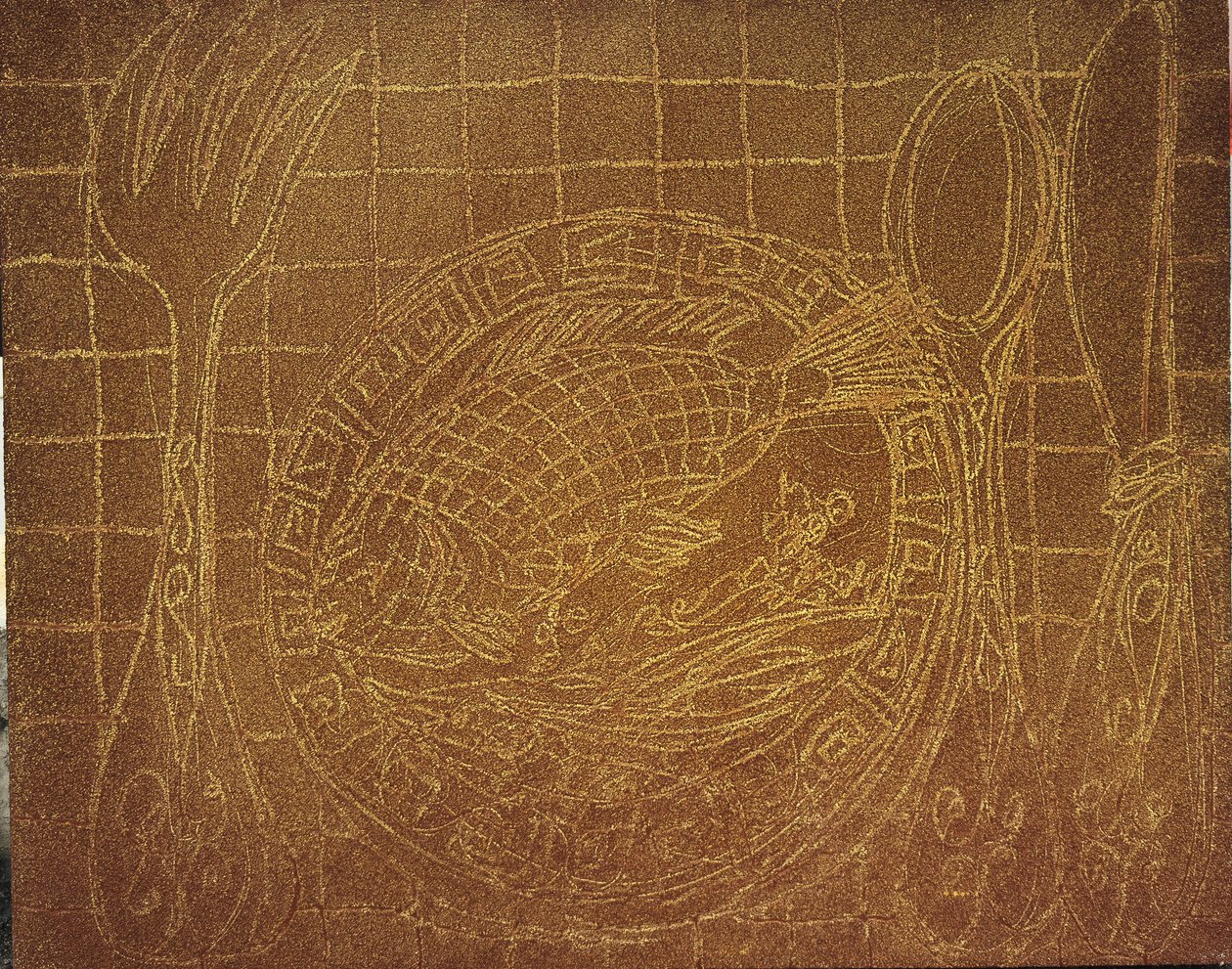 Visdiner (Nature morte avec assiette de poisson). 2010 (sable et acrylique sur toile) - Gerrit Greve