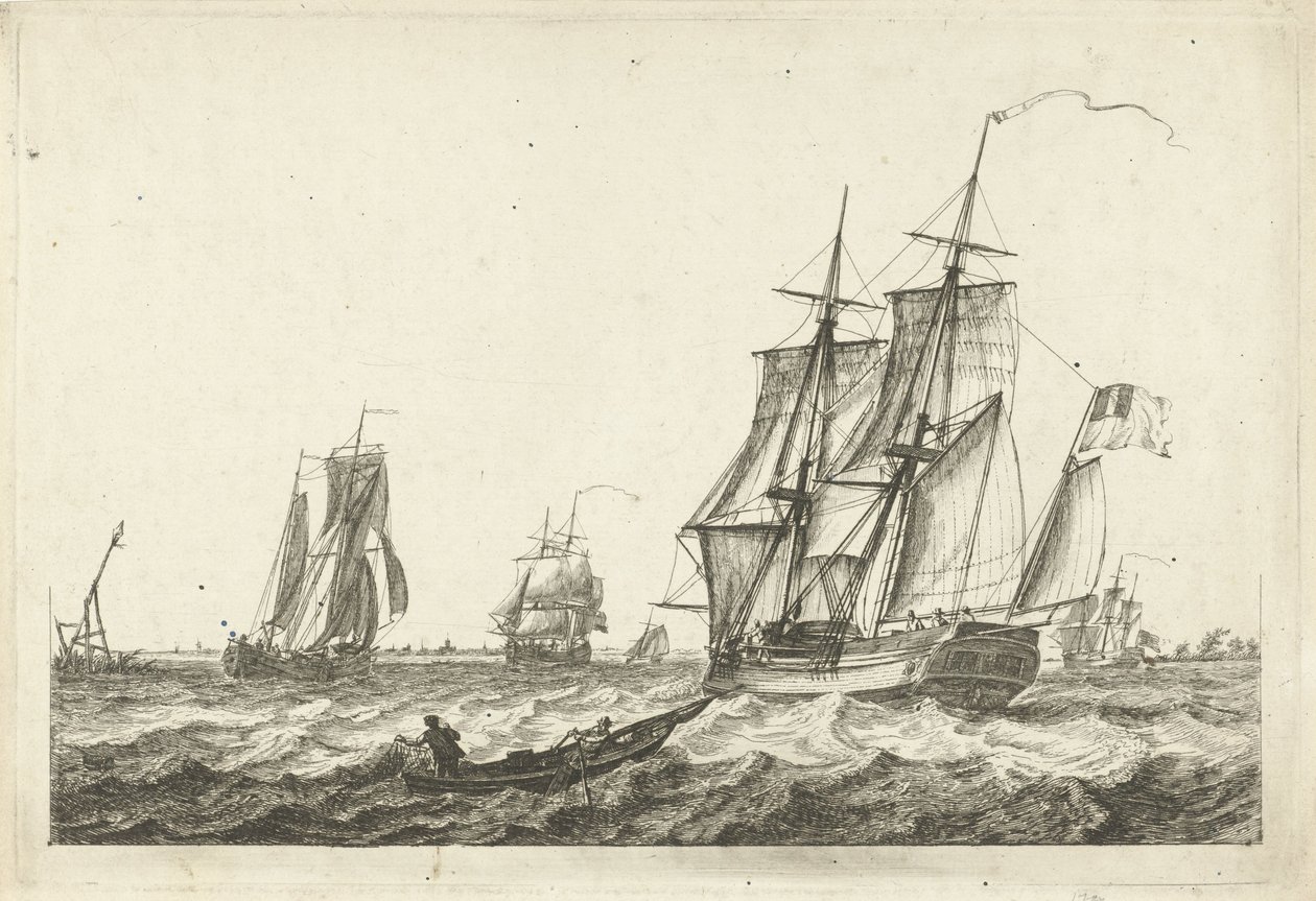 Brick et autres navires sur une large voie navigable - Gerrit Groenewegen
