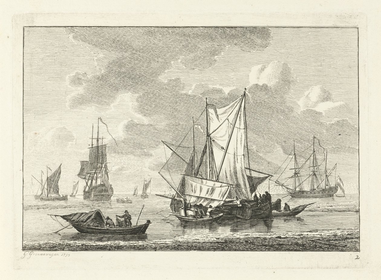 Vue de mer avec divers navires - Gerrit Groenewegen