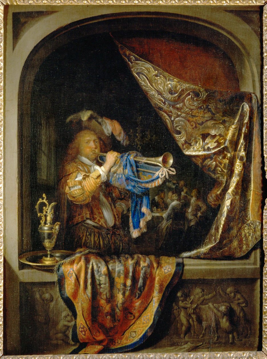 Le trompettiste, en arrière-plan un festin ... - Gerrit or Gerard Dou
