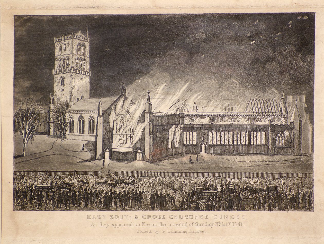 Églises Est, Sud et Croix, Dundee, en feu le dimanche 3 janvier 1841, c.1841 - Gershom Gourlay Cumming
