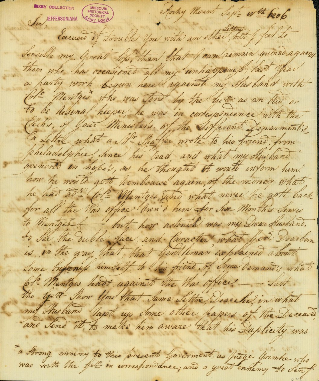 Lettre signée Gertrude Joan Senf, Rocky Mount, à Thomas Jefferson, 11 septembre 1806 - Gertrude Joan Senf