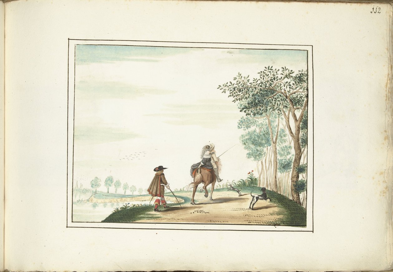 Homme et dame à cheval et un piéton dans un paysage - Gesina ter Borch (signed by artist)