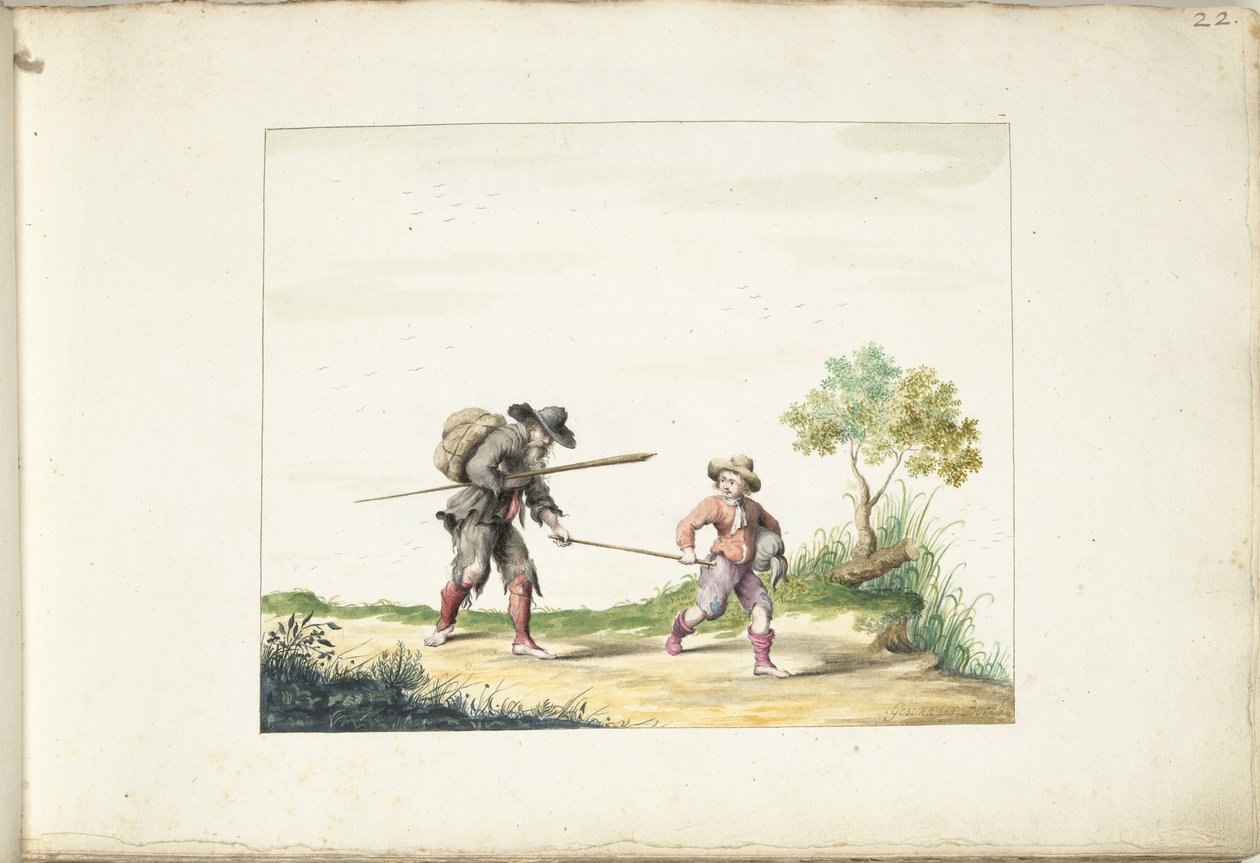 Vieux mendiant aveugle guidé par un garçon - Gesina ter Borch (signed by artist)