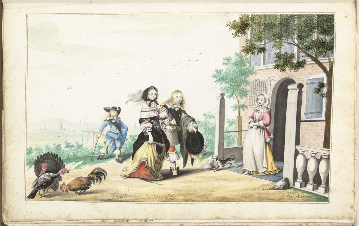 Couple saluant une dame à la porte d