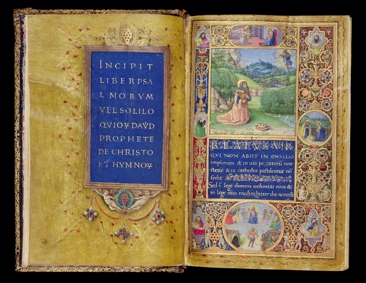 Ms 37-1950, ff.1v-2r : Page de titre et miniature du roi David en prière, tirée du Psautier des Médicis, Florence, vers 1480-90 - Gherardo di Giovanni di Miniato