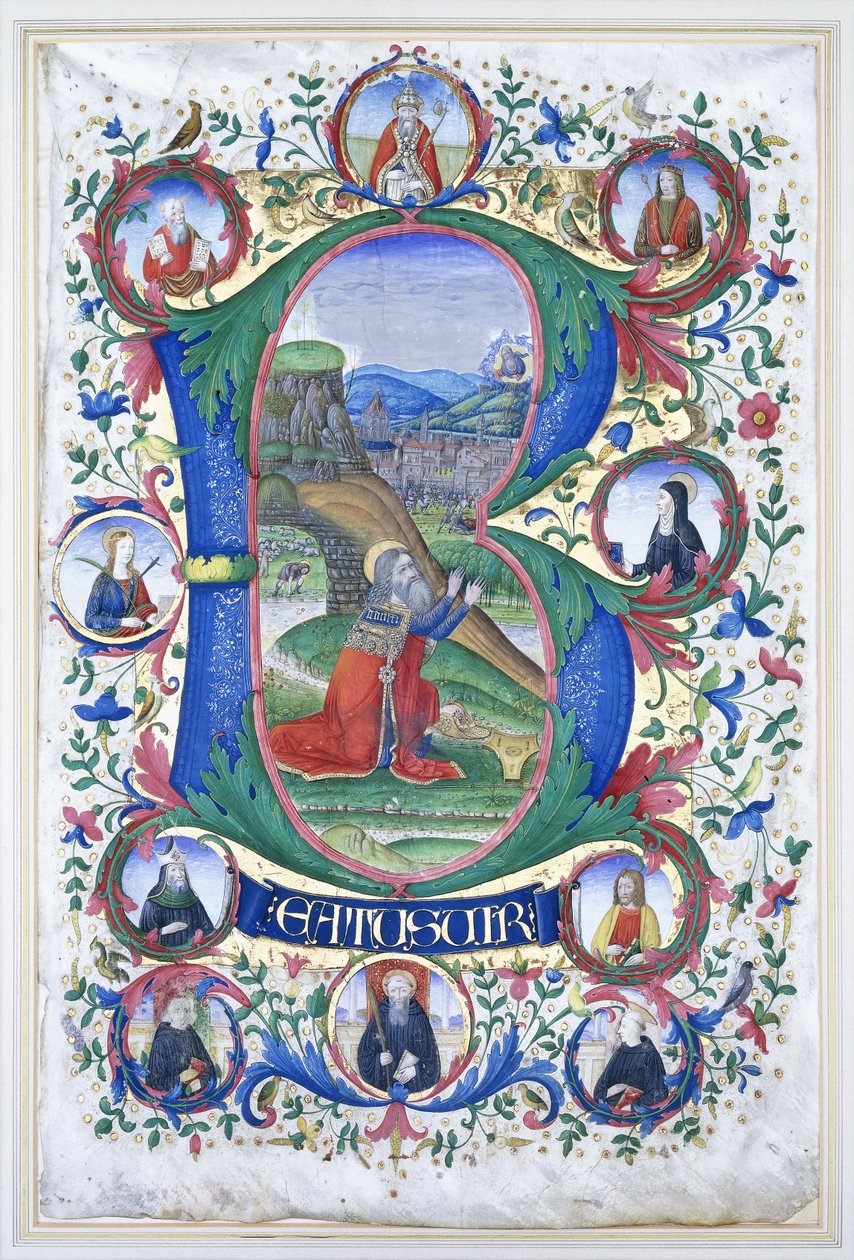 Le roi David en prière dans une très grande initiale "B", entouré de dix grands médaillons contenant chacun le portrait d