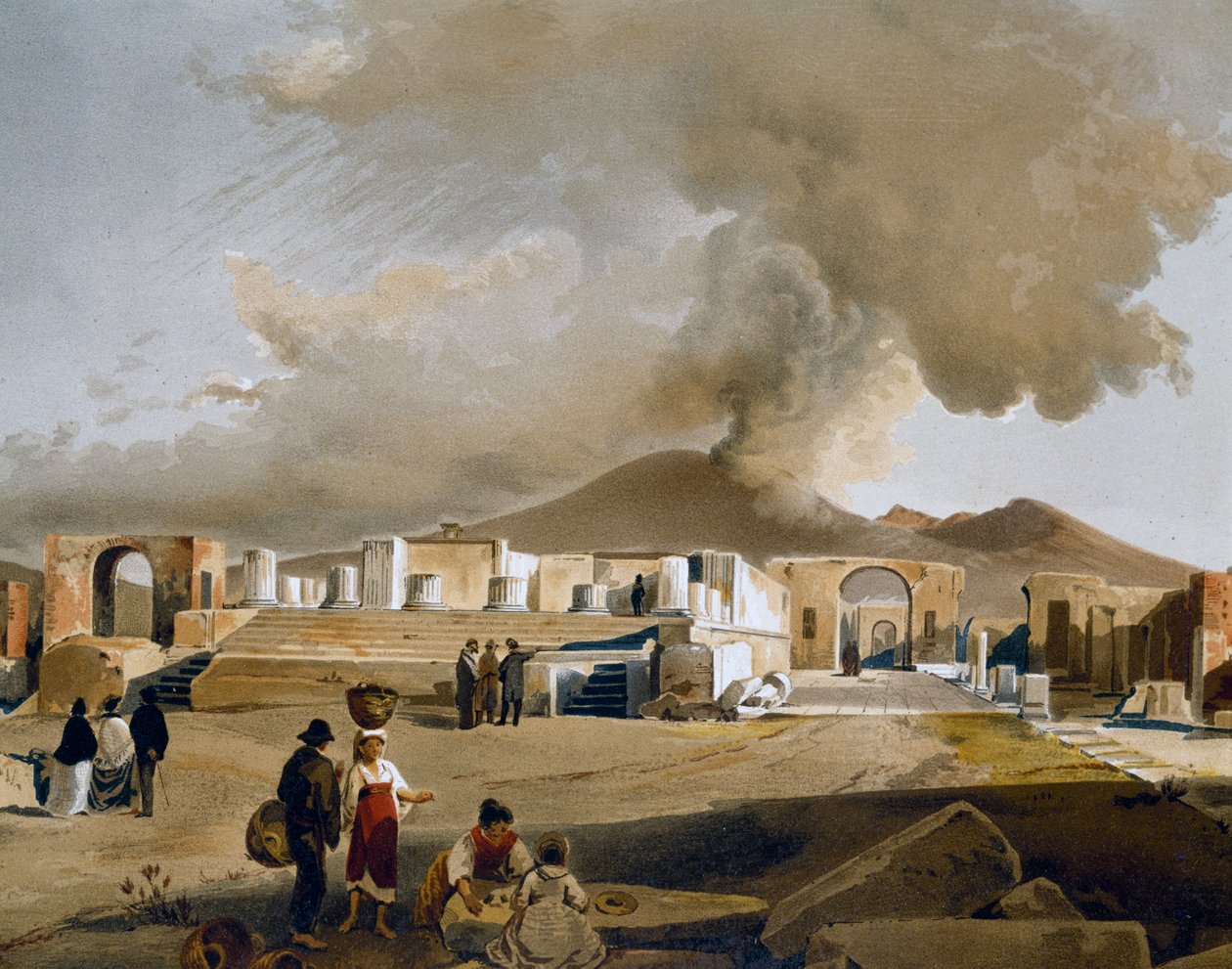 Vue du Forum et du Temple de Jupiter à Pompéi, illustration de Giacinto Gigante (1806-1876) tirée de Maisons et monuments de Pompéi, par Fausto et Felice Niccolini - Giacinto Gigante