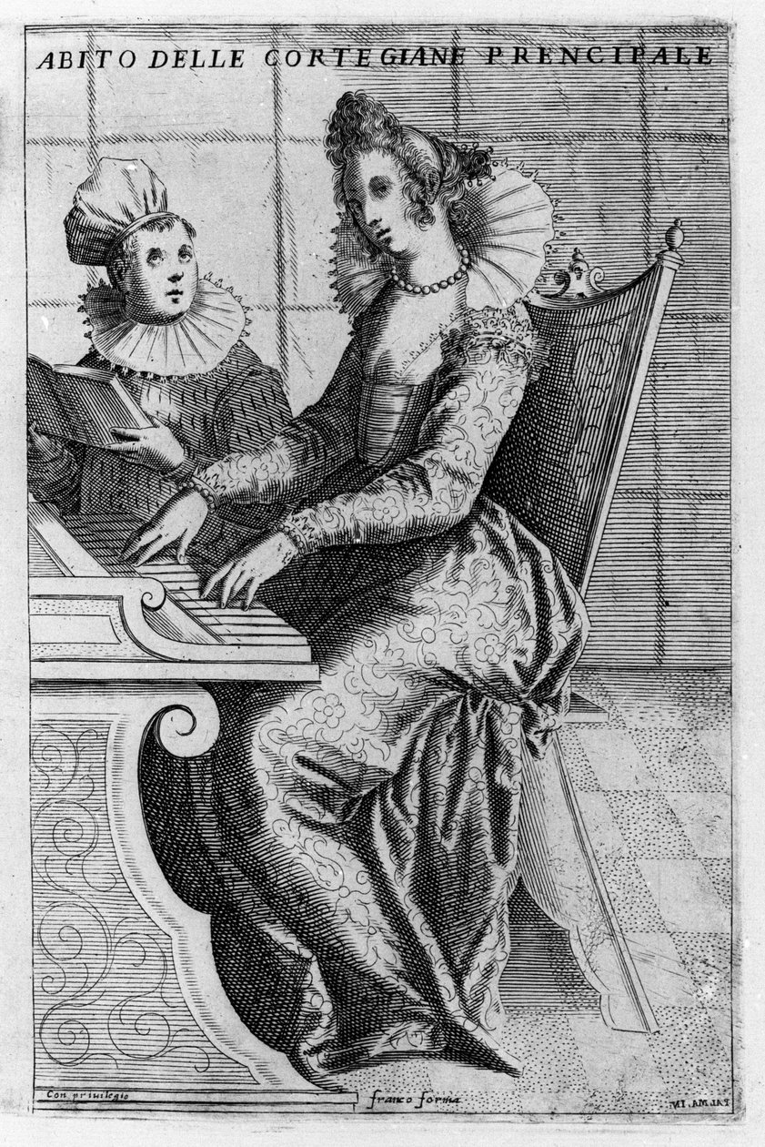 Une courtisane en robe élégante jouant du piano - Giacomo Franco
