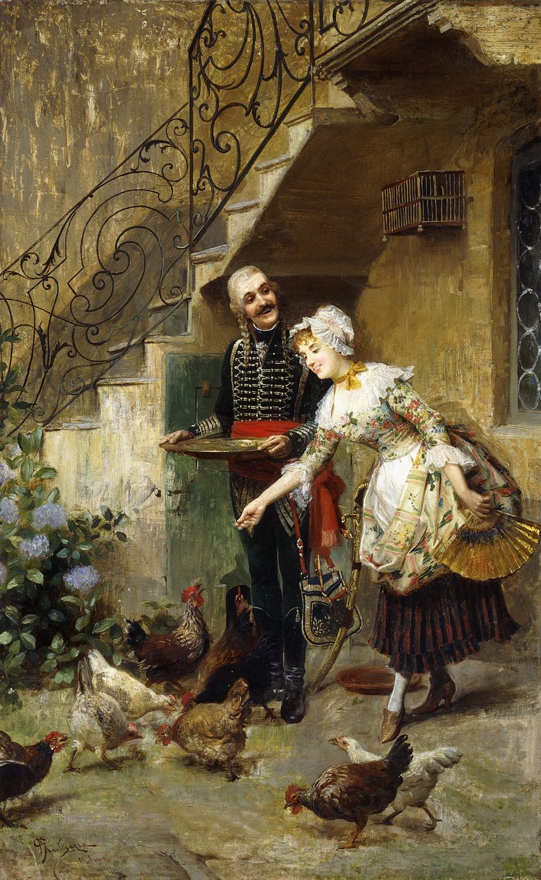 Un couple élégant nourrissant des poules dans une cour - Giacomo Mantegazza