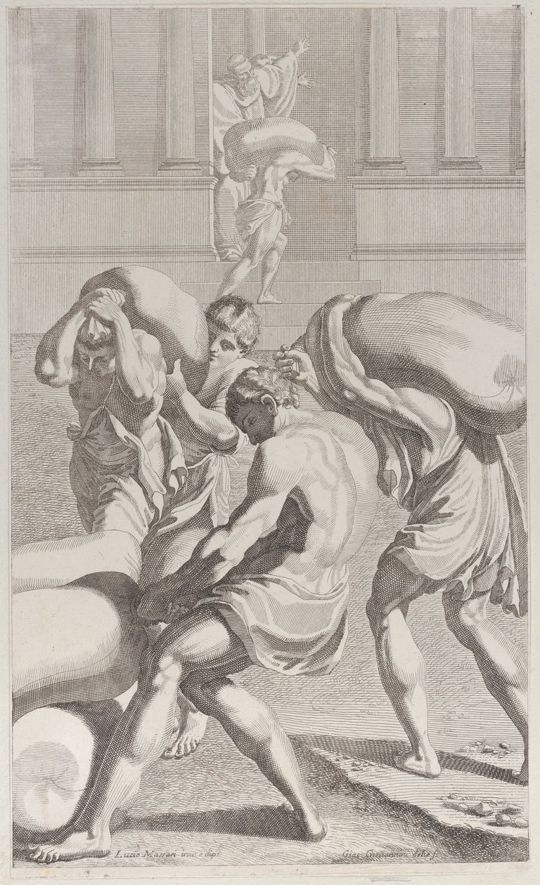 Hommes apportant des sacs de plomb au monastère de Saint-Benoît, 1687-1717 - Giacomo Maria Giovannini