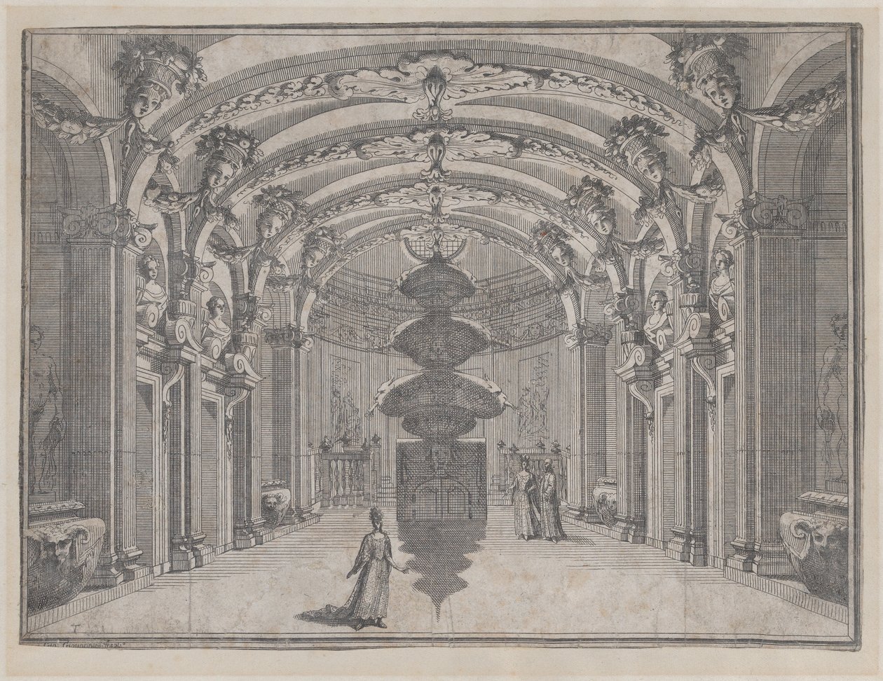 Scène théâtrale dans une grande salle avec un plafond voûté et une sculpture centrale, vers 1687-1717 - Giacomo Maria Giovannini