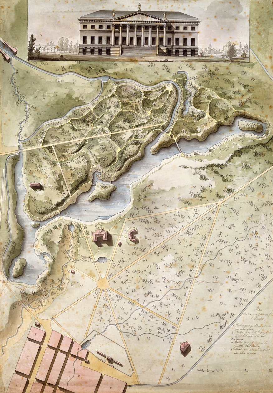 Peterhof, Russie : Élévation du palais anglais et plan du parc - Giacomo Quarenghi