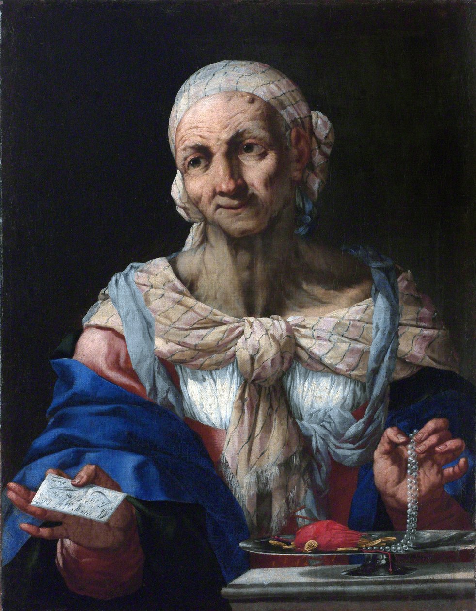 Vieille femme avec un collier de perles et une lettre (vanité) - Giambattista Langetti