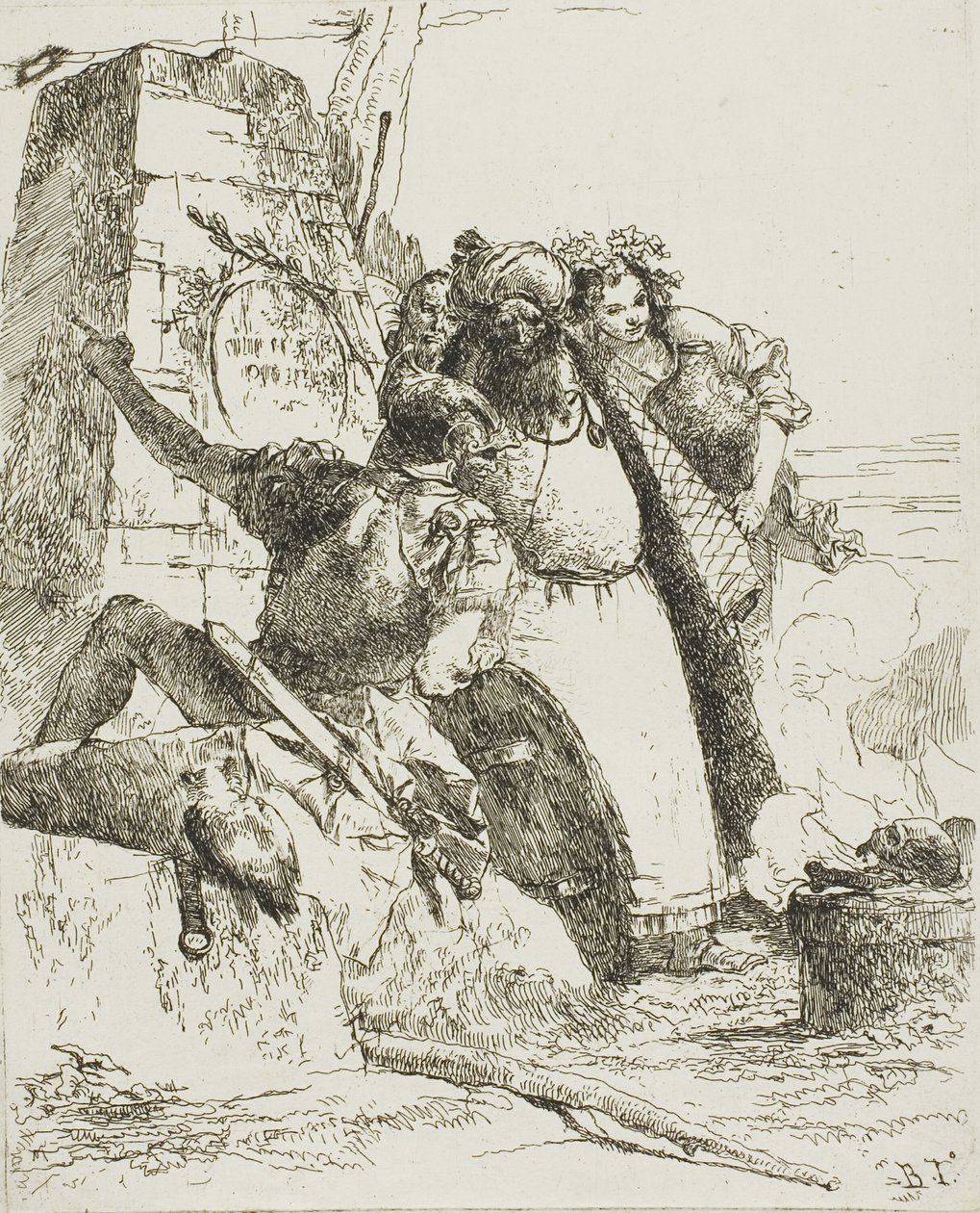 Un magicien, un soldat et trois figures regardant un crâne en feu, de Scherzi - Giambattista Tiepolo