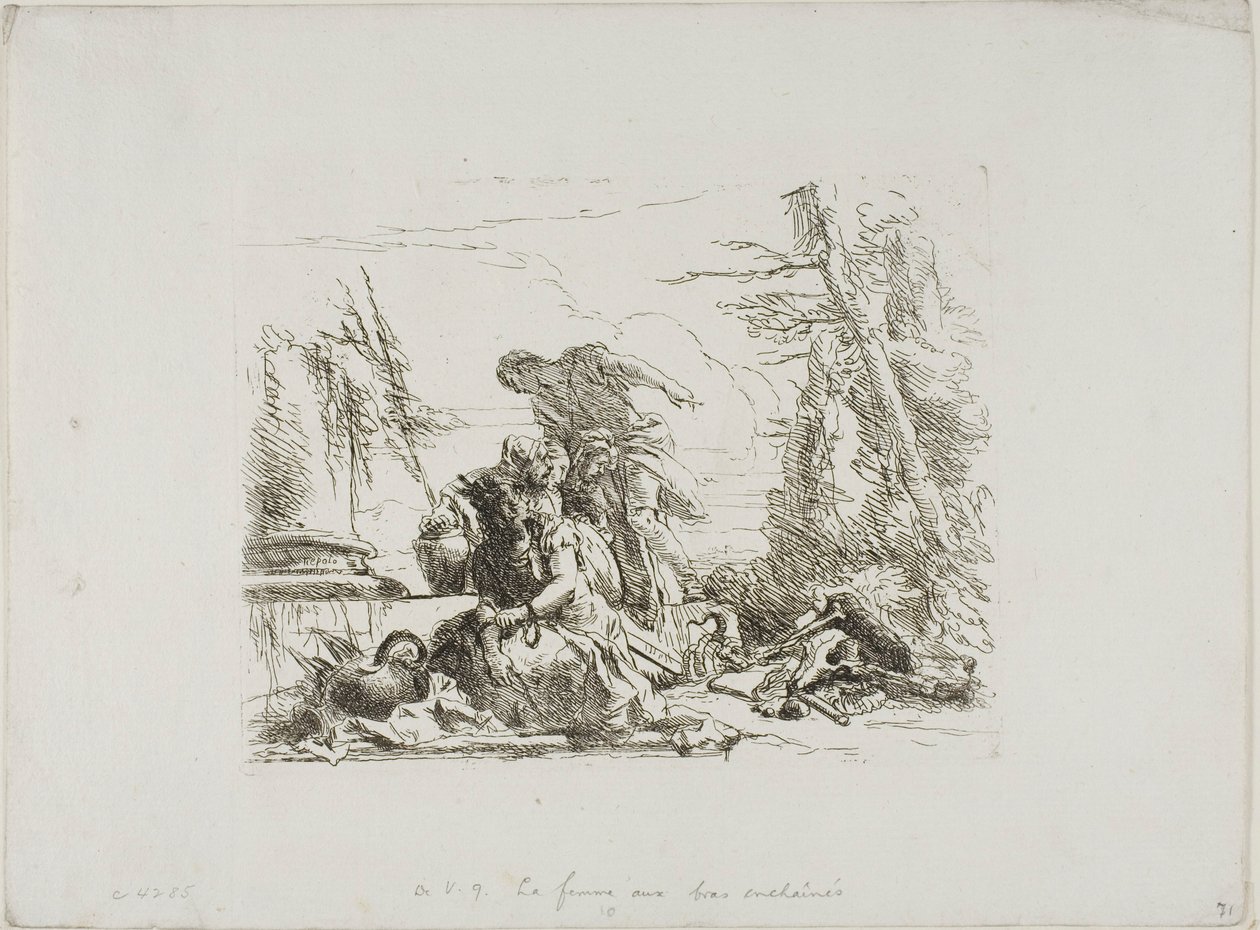 Une femme avec ses bras enchaînés et quatre autres figures, de Capricci - Giambattista Tiepolo
