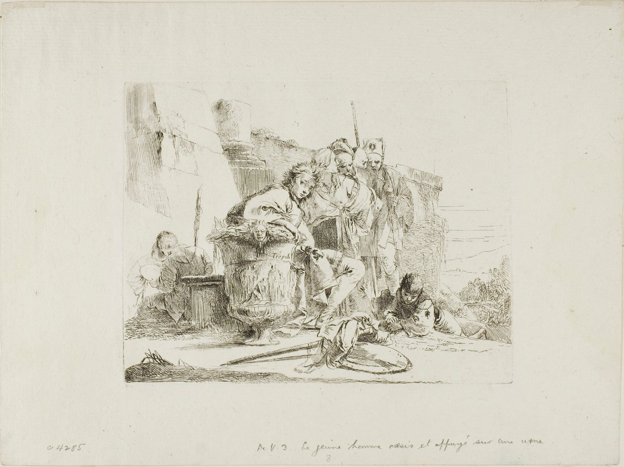 Jeune homme assis appuyé contre une urne, de Capricci - Giambattista Tiepolo