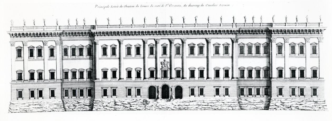 Troisième projet pour le Palais du Louvre, Paris : Élévation de la façade Est et entrée principale du Palais côté Saint Germain, 1665 - Gian Lorenzo Bernini